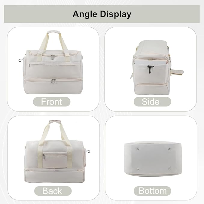 Carry On Travel Duffel Bag for Women & Men,Overnight Weekender Bag with Shoe Compartment,Trolley Sleeve and Adjustable Shoulder Strap,Business & Weekend Travel,Gym,Sports,Yoga & Dance(Ivory)