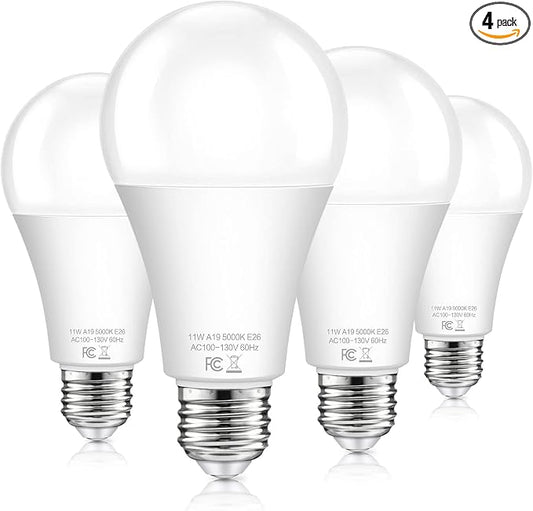 Dusk to Dawn Light Bulbs Outdoor 100 Watt Equivalent, 11W Automatic On/Off Sensor Light Bulb Daylight 5000K, A19 Outdoor LED Light Bulbs Photocell for Porch Garage Yard Security, E26 Base, 4-Pack