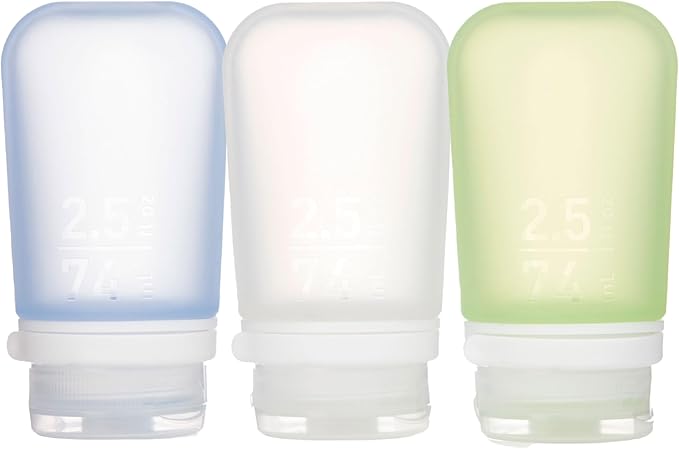 humangear GoToob+ Refillable Silicone Travel Size Bottles with Locking Cap, 3pk Set, Clear/Green/Blue, Medium (2.5oz),HG3184