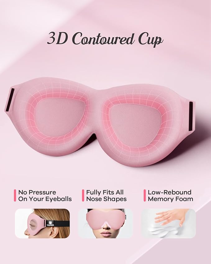 Sleep Eye Mask, 3D Contoured 100% Blackout Eye Mask, Sleep Mask with Adjustable Strap, Night Blindfold for Women Men, Eye Mask for Sleeping, Pink