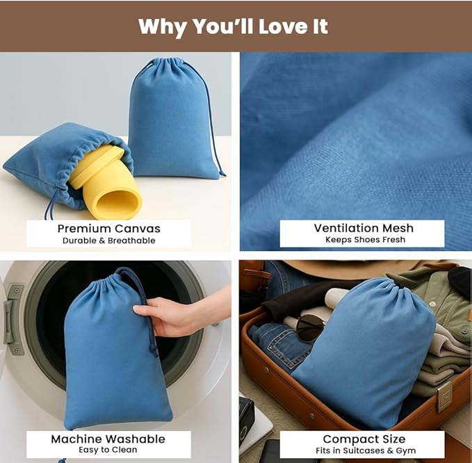 LFH Cotton Rich Shoe Storage Bags with Drawstring, Dustproof Breathable Reusable Organizer, Perfect For Travel, Dorm, Hotel, College, Gym, Easy to Carry, Machine Washable 8"x17" (Pack of 4) - Sky Blue