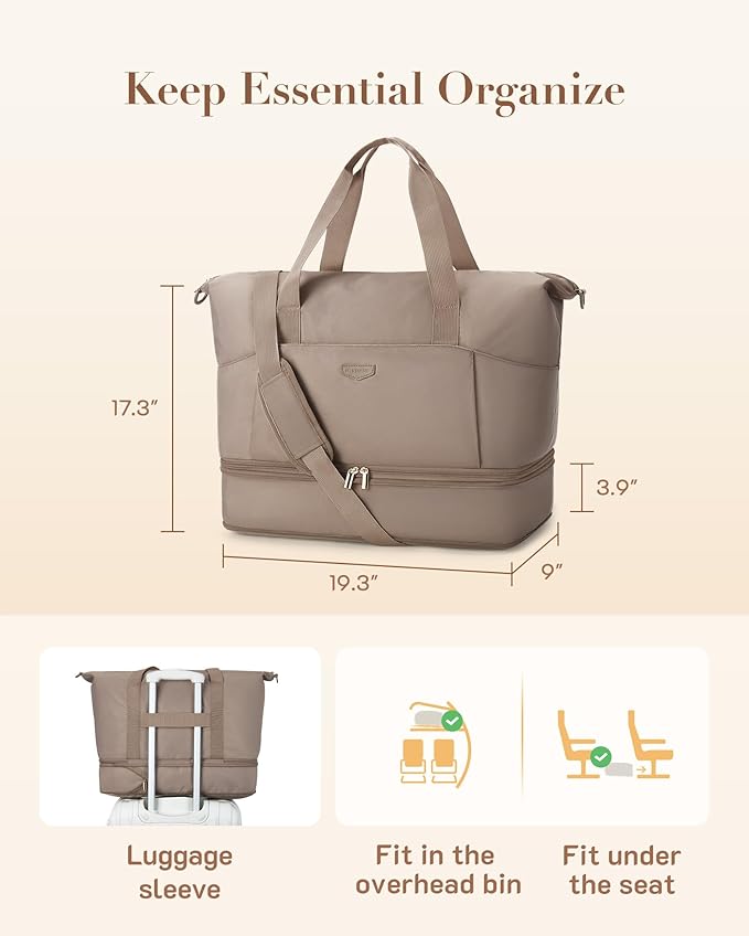 Missnine Weekender Bag for Women, Foldie Travel Bag Expandable with Shoes Compartment Travel Duffel 50L Carry on Overnight Gym