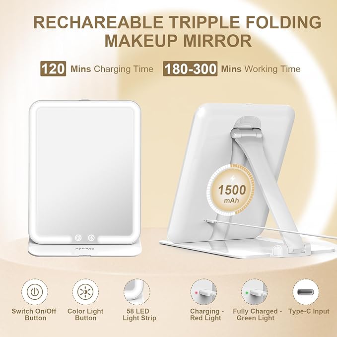 Mocado Travel Makeup Mirror with Light, Tripple Folding Vanity Mirror with Lights, 3 Colors Lighted Makeup Mirror, 1500mAh Rechargeable, Memory Function, Freely Adjust Height and Angle(White)