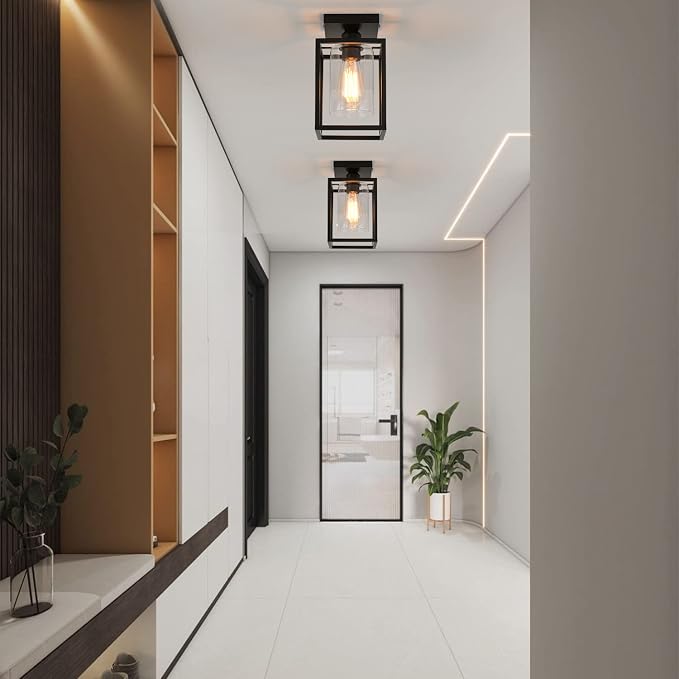 1 Pack Semi Flush Mount Black Metal Frame Ceiling Light with Clear Glass Shade, Farmhouse Fixture for Kitchen, Island, Entryway, Porch, Foyer, Dining Room