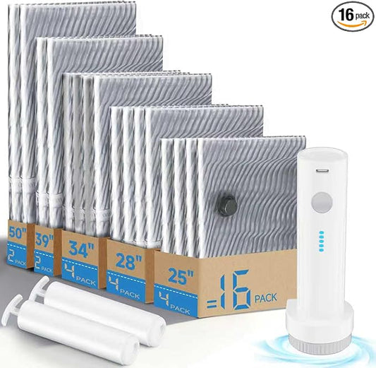 16 PCS Vacuum Seal Bags for Clothing with Electric Air Pump, Compression Space Saver, Vacuum Storage Bags for Luggage, Travel, Blankets, Pillows, Bedding and Moving, Hand Pump Included