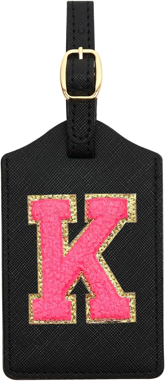 Initial Luggage Tag, PU Leather Luggage Tag, Embroidered Luggage Tag, Letter Luggage Tag, Monogrammed Luggage Tag, Luggage Tag for Baggage Bag Suitcase (K, Black Leather+Rose Red Letter)