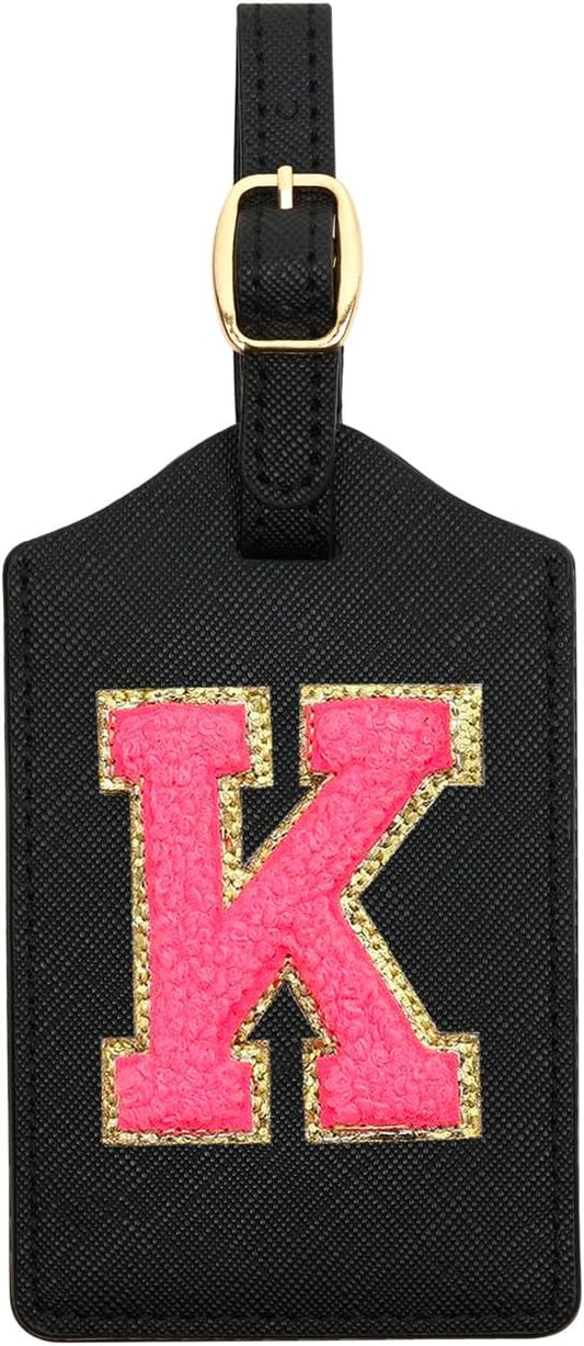 Initial Luggage Tag, PU Leather Luggage Tag, Embroidered Luggage Tag, Letter Luggage Tag, Monogrammed Luggage Tag, Luggage Tag for Baggage Bag Suitcase (K, Black Leather+Rose Red Letter)