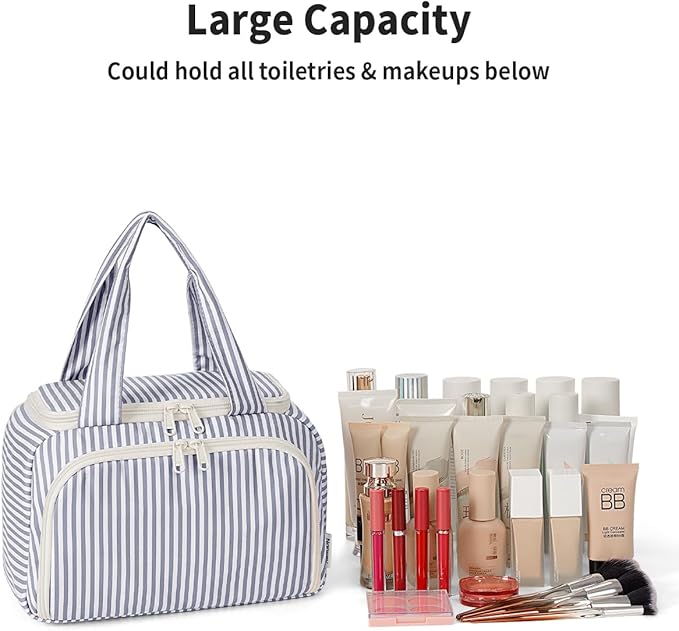 Narwey Striped Travel Toiletry Bag for Women Large Makeup Bag, Wide-open Cosmetic Make Up Organizer with Handle, Travel Bag for Toiletries, Essentials, Accessories (Greyish Blue Stripe)