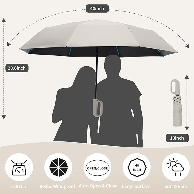 Compact Automatic Folding Travel Umbrella-Windproof Rainproof, PF50+ Sun Protection for Hiking,Outdoor,Chool,Golf Course & Daily Use,Sturdy Multi-Ribbed Frame