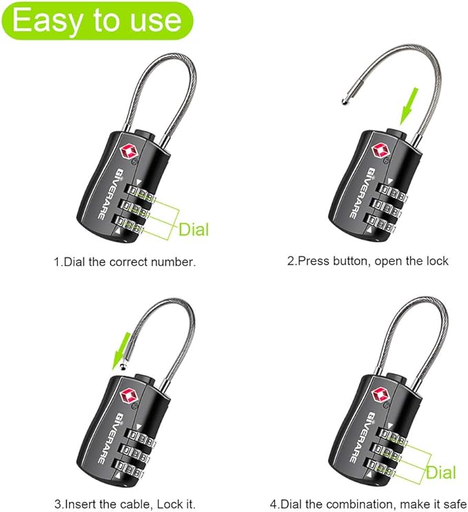 GIVERARE 2 PCS TSA Approved Luggage Locks, Combination Travel Cable Lock, Re-settable 3-Digit Padlocks with Alloy Body, Keyless Travel Sentry Accepted Padlock for Gym Locker, Golf Bag Case-Black