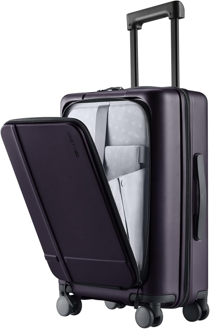 NINETYGO Carry On Luggage 22x14x9 Airline Approved, 20 Inch Suitcase with Front Compartment, Lightweight PC Hard Shell, Cup Holder, Clamshell, TSA Lock, Spinner Wheels (Blackcurrant Oolong)