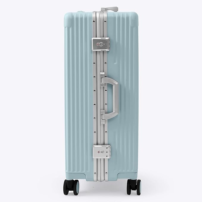 Nobl Travel Zipperless Check In Suitcase - Aluminum Frame, Medium Check In luggage 27x17.5x10.4 Airline Approved by Noble Travel - Polycarbonate Shell - TSA Locks, 360° Spinner Wheels - Powder Blue