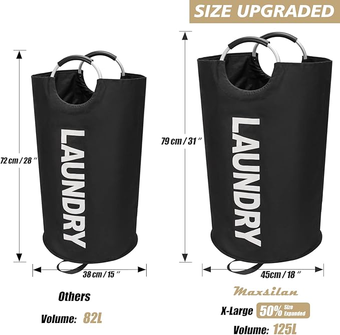 125L X-Large Laundry Basket, Freestanding Tall Clothes Hamper, Collapsible Laundry Bag, Black