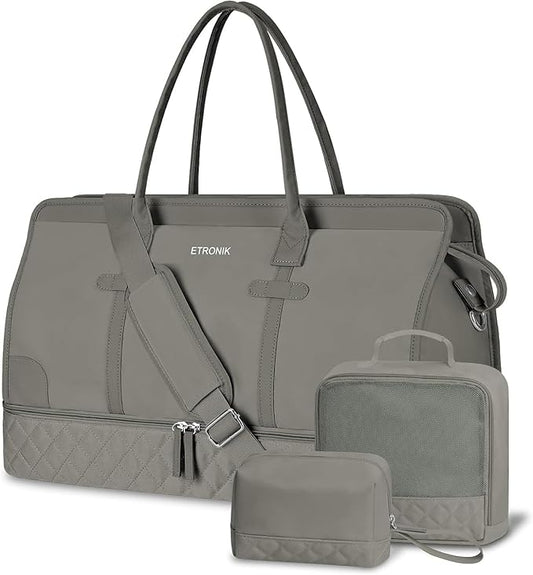 ETRONIK Weekender Overnight Bags for Women, Large Travel Duffle Bags with Shoe Compartment & Wet Pocket, Carry On Gym Bag with Toiletry Bags for Hospital 3 Pcs Set, Large Size, Grey Green