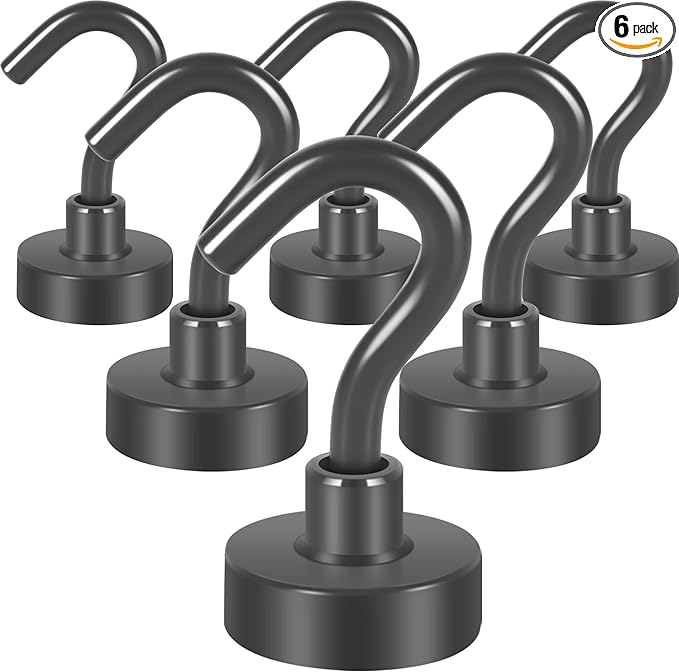 Neosmuk Magnetic Hooks, 30lb+ Heavy Duty Earth Magnets with Hook for Refrigerator, Extra Strong Cruise Hook for Hanging, Magnetic Hanger for Curtain, Grill(Grey, Pack of 6)
