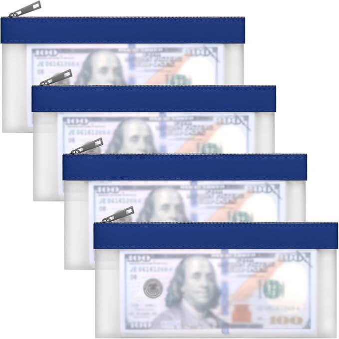 4 Pieces Money Bags With Zipper, Cash Envelopes, 7.6 x 3.7 Inch Money Pouch, Clear Bank Deposit Bag, Coin Bag for Collectors, Multi-Purpose Check Wallet (Dark Blue)