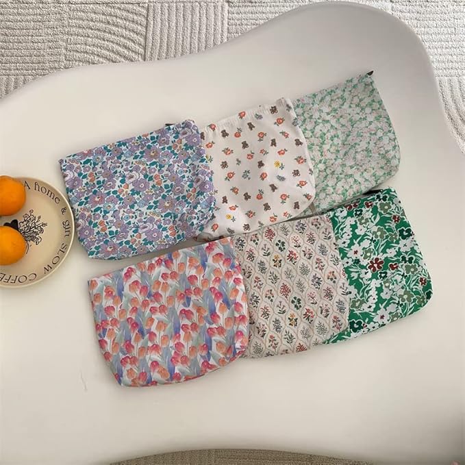 PAZIMIIK Floral Makeup Bag Large Cotton Zipper Pouch for Purse Travel Canvas Make Up Organizer for Women Cosmetic,Flower Bear White