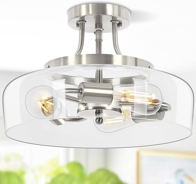 3-Light Semi Flush Mount Light Fixture, Modern Industrial Glass Ceiling Light with E26 Base, Metal Semi Flush Ceiling Light for Living Room Kitchen Bedroom Hallway Balcony, No Bulbs, Brushed Nickel