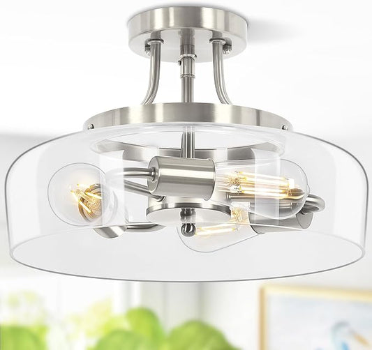 3-Light Semi Flush Mount Light Fixture, Modern Industrial Glass Ceiling Light with E26 Base, Metal Semi Flush Ceiling Light for Living Room Kitchen Bedroom Hallway Balcony, No Bulbs, Brushed Nickel