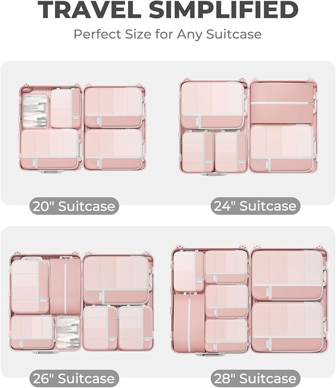 Percover Compression Packing Cubes 8-Piece Set, Packing Cubes Compression for Travel with Laundry Bag & Shoe Bag, Travel Organizer for Carry On & Checked Luggage, Pink