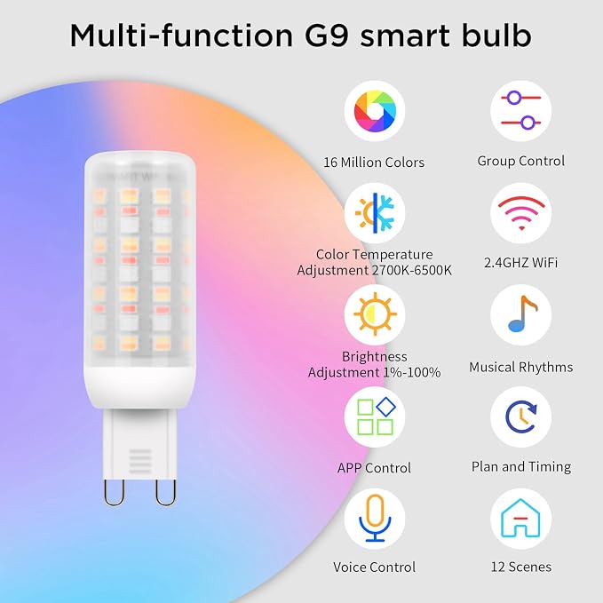 I-SHUNFA Wi-Fi RGBCW Smart G9 LED Bulbs,Compatible with Alexa/Google Home,Multicolour Dimmable,2700K-6500K,4W,400LM AC 120V,Brightness Adjustable 1%-100%,with Musical Rhythm LED Light Bulb,3 Pack
