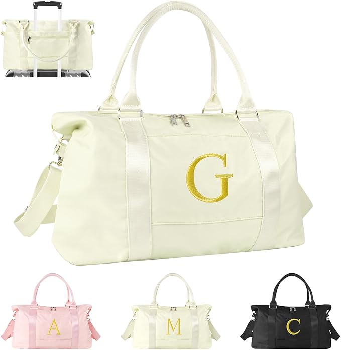 Personalized Initial Gym Dance Bag, Travel Duffel Bag for Teen Girls, Carry On Bag Overnight Weekender Bag with Trolley Sleeve, Birthday Gifts for Women Mom Daughter Graduation Gift(Letter G, Beige)