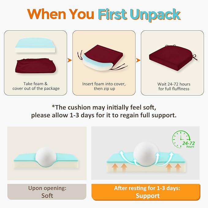 downluxe Chair Cushions for Dining Chairs, Memory Foam Linen Kitchen Chair Pads with Ties, Waterproof, Stain-Resistant and Washable Cover, 17" x 16" x 2.5", Red, 2 Pack