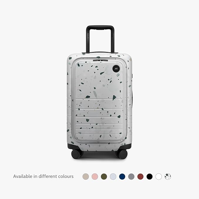 Monos Carry-On Pro Plus Luggage (23"), Hardside Spinner Suitcase with TSA Lock & Front Pocket, Airline Approved, Terrazzo, White