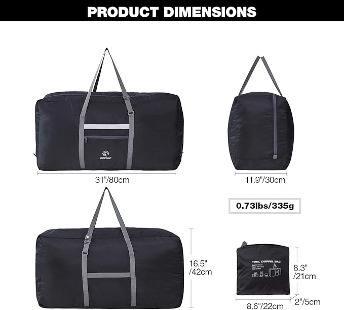 REDCAMP 31" Foldable Extra Large Duffle Bag, 100L Lightweight Travel Duffel Bag with Adjustable Strap for Men Women, Black
