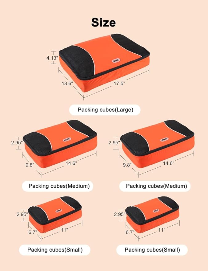 GOX Ultra Light 5 piece Packing Cubes Travel Luggage Organizer 1 Large 2 Medium 2 Small