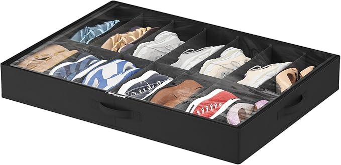Lifewit Under Bed Shoe Storage Organizer 1 Pack(14 Pairs), 4.3" Tall Fabric Shoes Container Box, Foldable Closet Shoe Bag with 2 Reinforced Handles and Clear Cover, Black
