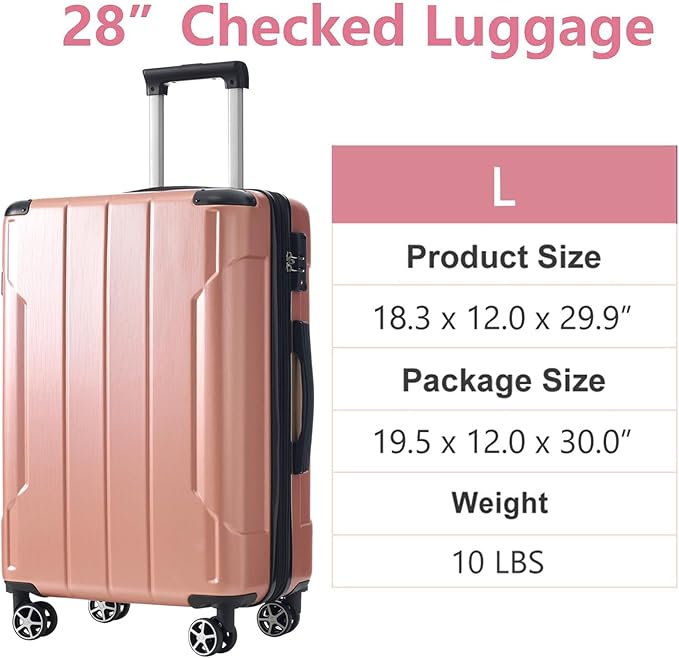 28 Inch Checked-Large Luggage, Lightweight ABS Hard Shell Suitcase with Spinner Wheels, Expandable Travel Luggage with Combination Lock & Side Hooks for Men Women (Rose Pink, 28)