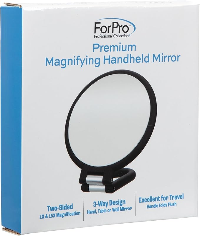 ForPro Professional Collection Premium Magnifying Handheld Mirror, 1X/15X Magnification Hand Mirror, Folding Adjustable Handle, for Makeup, Travel, Black