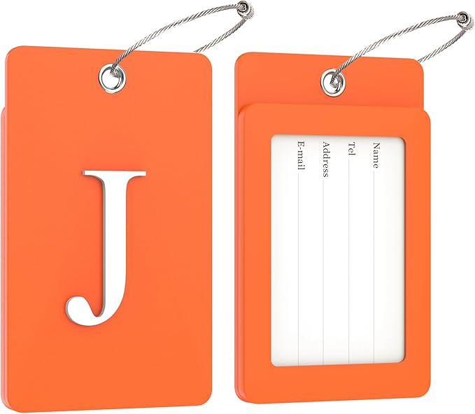 Gostwo 2 Pack Luggage Tags for Suitcases, 26 Initial Letter Travel Luggage Baggage Identification Labels ID Tag Fully Bendable Tags with Stainless Steel Loop (Orange) (Letter J)