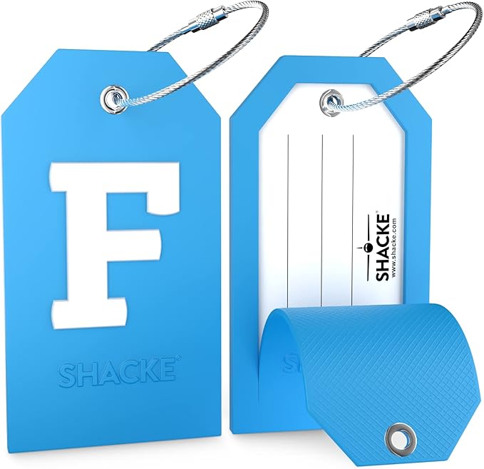Shacke Initial Luggage Tag with Full Privacy Cover and Stainless Steel Loop - Aqua Teal (Letter F)