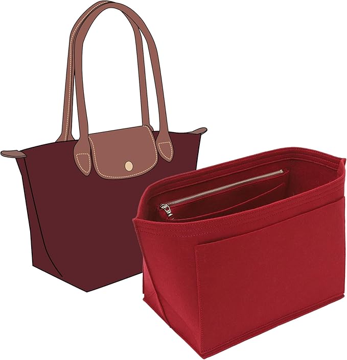 Fit Longchamp Organizer Insert, for Long Champ Le Pliage L Bag Handbag Women, with Cup Holder, Large/Burgundy
