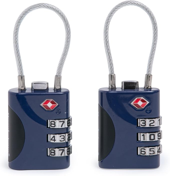 Brookstone Cable Lock - 2 Pack TSA-Approved 3-Digit Keyless Luggage Travel Lock - Resettable Combination Wire Padlock, Blue