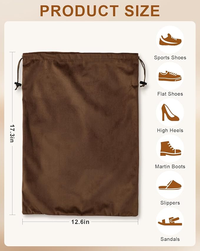 FantasyLife Shoe Bags for Travel, 17.3"x12.6" Washable Dust Bags for Storage & Packing, Flannel Shoe Pouch with Drawstring Closure for Purses, Handbags, Shoes & Toys (2, Mocha Mousse)
