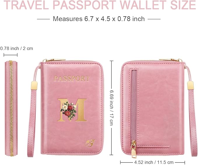 Passport Holder for Travel Personalized Passport Holder Initial Letter Rose Flower RFID Blocking Travel Wallets Credit Cards Holder for Women Men, Pink M