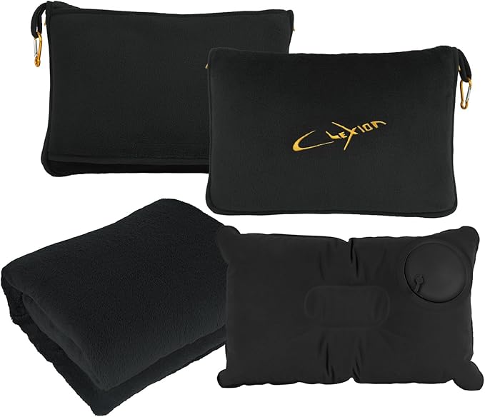 Airplane Travel Blanket with Pillow,300 GSM Soft Fleece Compact Blanket with Carry Bag,Lightweight Travel Blanket for Flights,Black