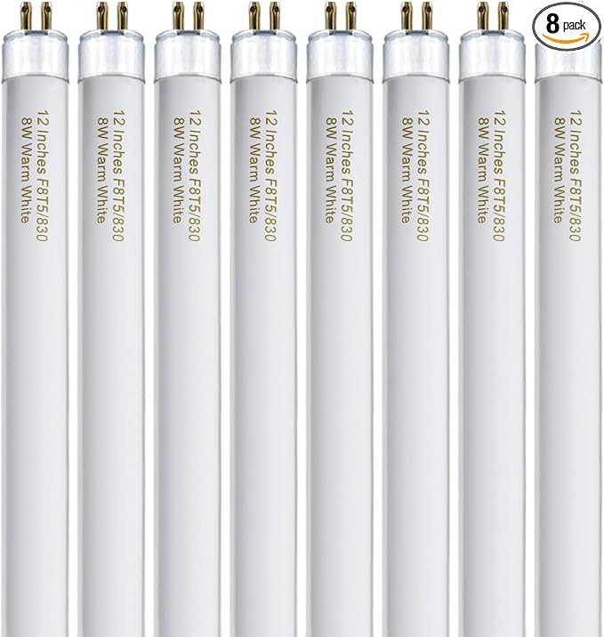 Konideke 8 Pack F8T5/WW Fluorescent Bulbs Warm White 3000K, 12 inch Under Cabinet Light Bulb, T5 8 Watt Fluorescent Tube Soft White, G5 Mini Bi 460 Lumens No Dimmable