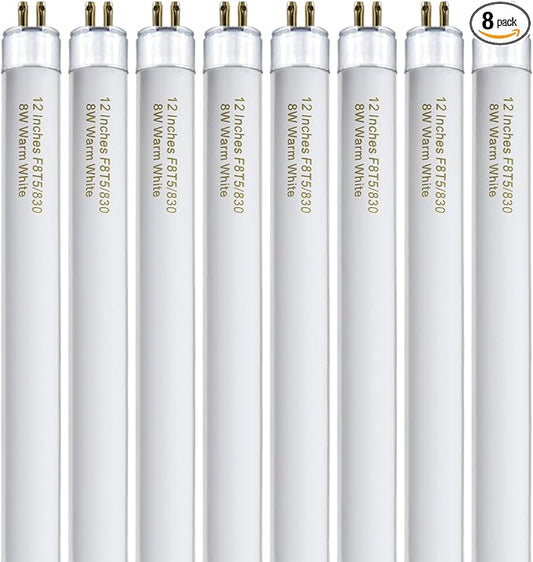 Konideke 8 Pack F8T5/WW Fluorescent Bulbs Warm White 3000K, 12 inch Under Cabinet Light Bulb, T5 8 Watt Fluorescent Tube Soft White, G5 Mini Bi 460 Lumens No Dimmable