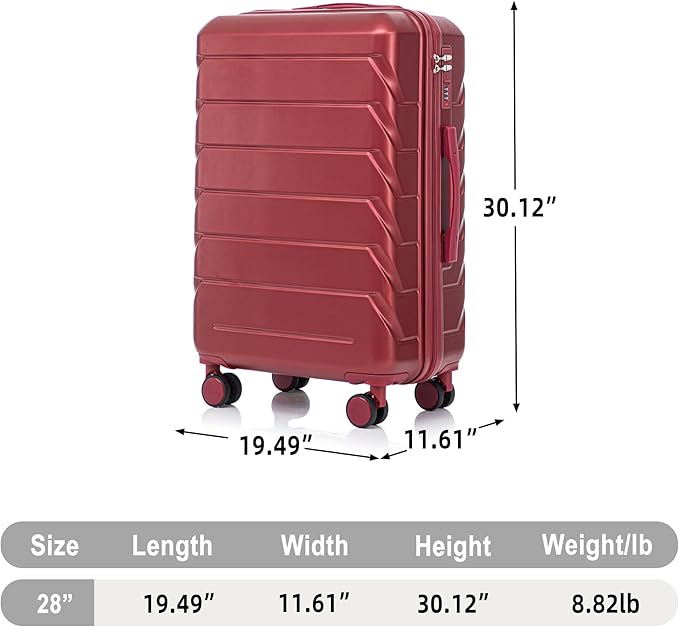 28 Inch Checked-Large Luggage, Lightweight ABS Hard Shell Suitcase with Spinner Wheels, Expandable Travel Luggage with Combination Lock & Side Hooks for Men Women (Red, 28)