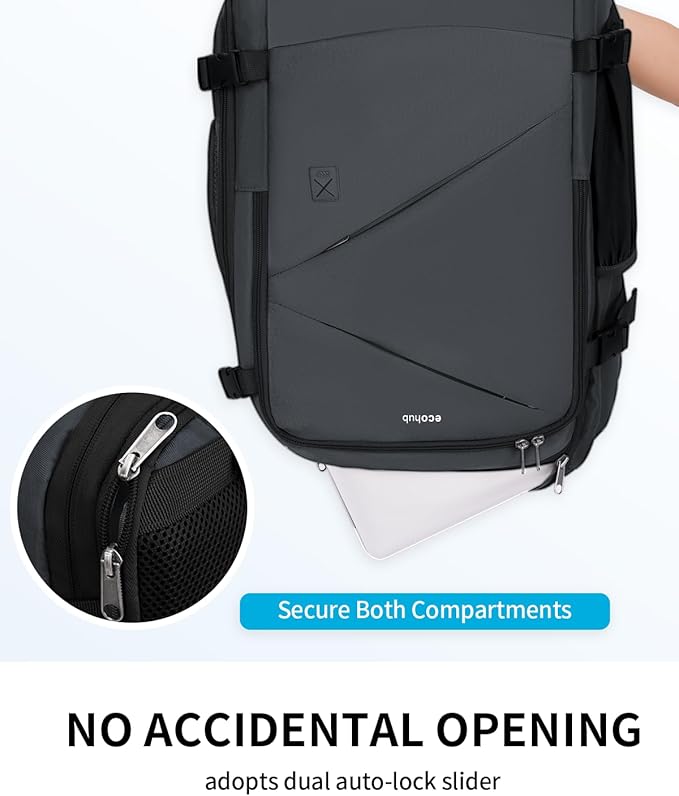 ECOHUB Carry On Travel Backpack, Expandable Airlines Personal Item Bag 18x14x8, Water Resistant 17 inch Laptop Backpack Flight Approved, 12 Pockets 30L Work Backpacks with Wet Pocket Cable Slot, Grey