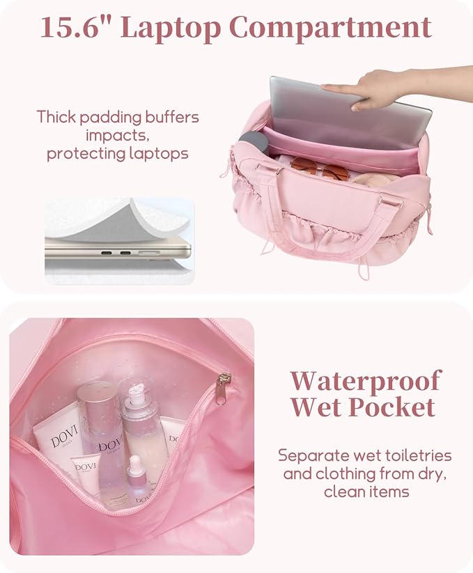 Carry On Duffle Bag with 15.6 Inch Laptop Compartment, Gym Bag for Women with Wet Pocket, Shoe Bag and Toiletry Pouch, Personal Item Travel Duffel Weekender Overnight Bags, Pink