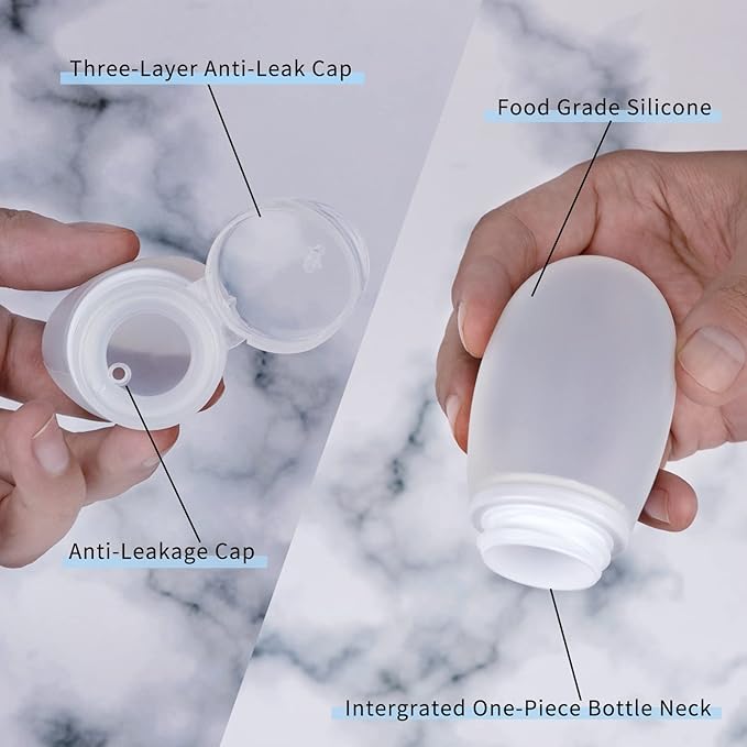 Silicone Travel Bottles for Toiletries TSA Approved Travel Size Containers Set 4 Pack Portable Leak Proof Refillable Cosmetic Squeeze Bottles Shampoo Hair Conditioner Body Lotion Bath Shower Gel