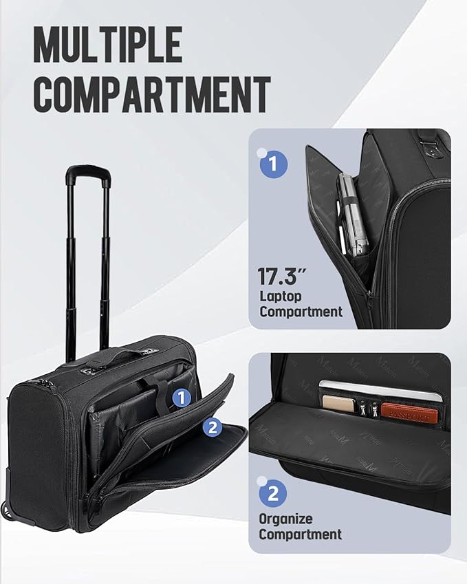 MATEIN Rolling Garment Bags for Airline Travel, Wheeled Carry On Garment Bag with Wheels & 2 Packing Cubes, Wrinkle Free Business Suit Luggage Suitcase Fits 17.3" Laptop for Men Women, Black