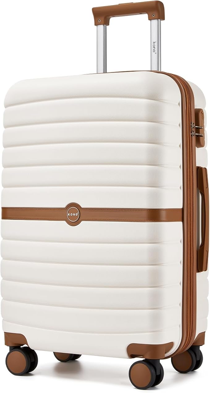 Kono Expandable 24 Inch Luggage with Spinner Wheels, Medium Checked Luggage with Lock, Lightweight & Anti-Scratch PC+ABS Hardshell Travel Suitcase, White/Brown