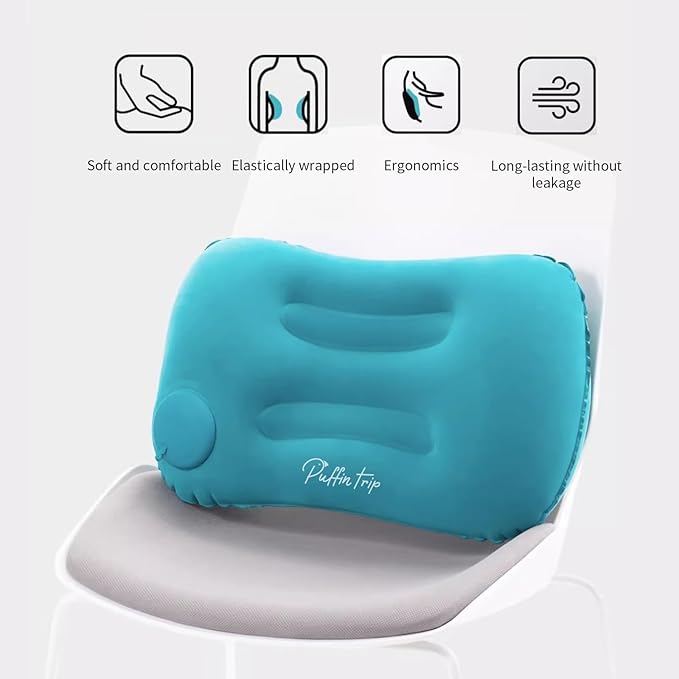 Ultralight Inflatable Travel Pillow Press to Inflate Compressible Neck and Lumbar Support While Camping Driving Sleeping Dark Blue