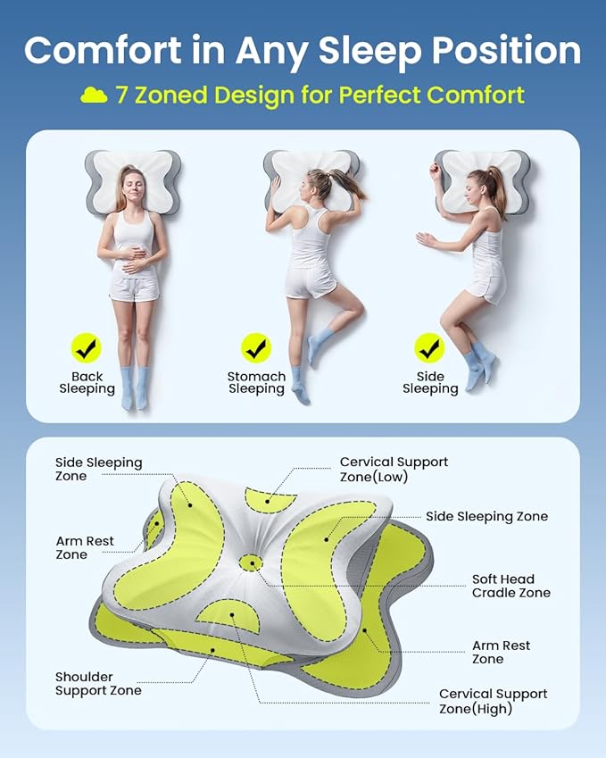 Cervical Pillow for Neck Pain Relief, 4-Height Adjustable Oeko-TEX Memory Foam Contour Pillow for Sleeping, Ergonomic Orthopedic Cooling Neck Pillow for Side Back Stomach Sleepers, Arm Support